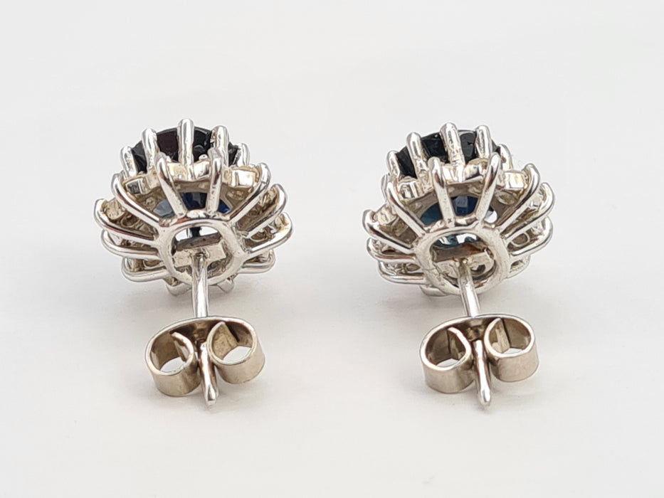 6532 Vintage: 18ct White Gold Sapphire & Diamond Oval  Diana Cluster Stud Earrings