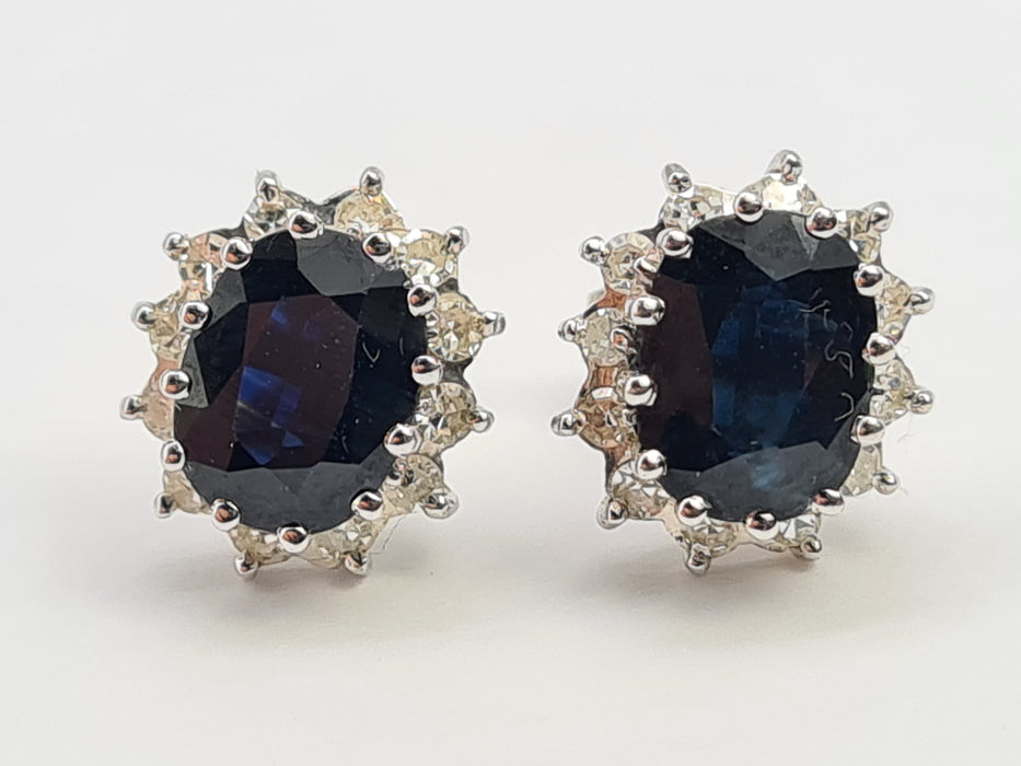 6532 Vintage: 18ct White Gold Sapphire & Diamond Oval  Diana Cluster Stud Earrings