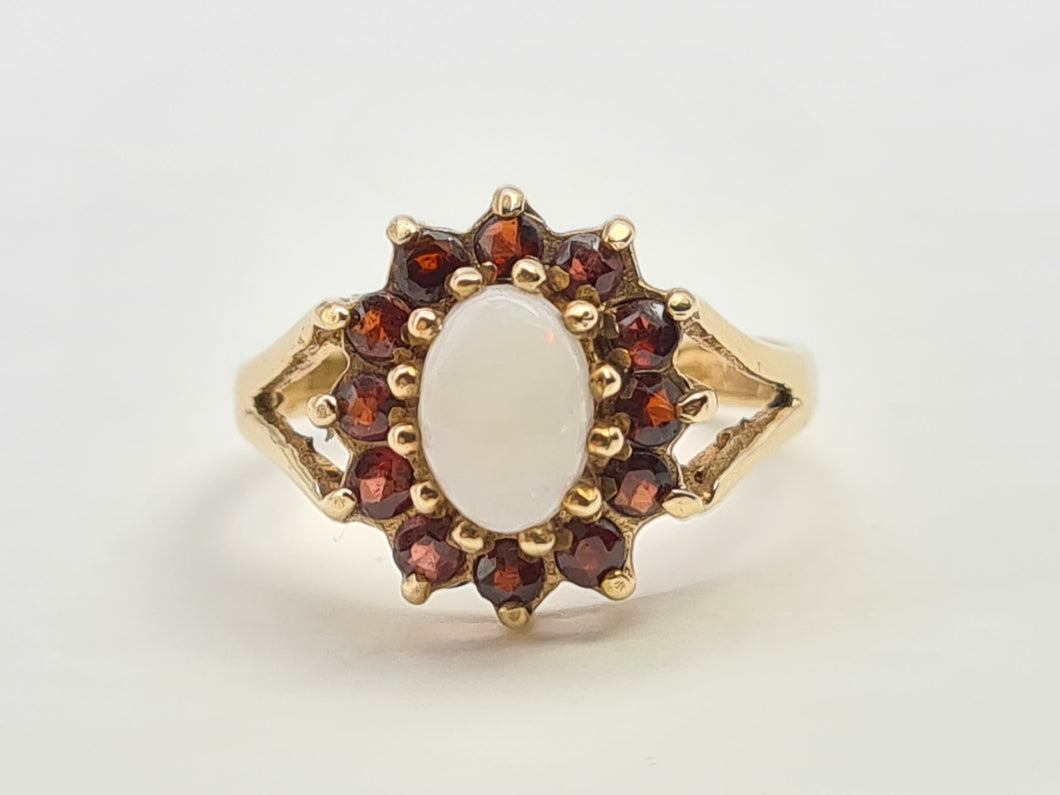 7271- Vintage (1960's) Opal Garnets Halo Cocktail Ring- lovely combination