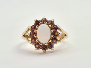 7271- Vintage (1960's) Opal Garnets Halo Cocktail Ring- lovely combination