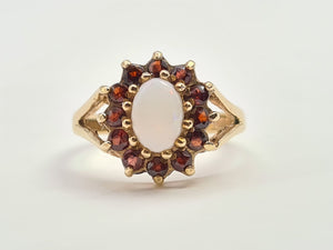 7271- Vintage (1960's) Opal Garnets Halo Cocktail Ring- lovely combination