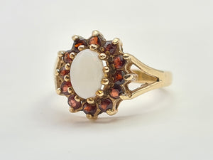 7271- Vintage (1960's) Opal Garnets Halo Cocktail Ring- lovely combination