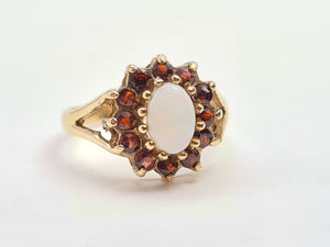 7271- Vintage (1960's) Opal Garnets Halo Cocktail Ring- lovely combination