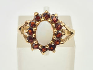 7271- Vintage (1960's) Opal Garnets Halo Cocktail Ring- lovely combination