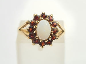 7271- Vintage (1960's) Opal Garnets Halo Cocktail Ring- lovely combination