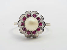 Load image into Gallery viewer, 7319- Vintage-Old 18ct White Gold Cultured Pearl 10 Rubies Geometric Set Ring- lovely symmetry
