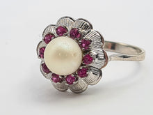 Load image into Gallery viewer, 7319- Vintage-Old 18ct White Gold Cultured Pearl 10 Rubies Geometric Set Ring- lovely symmetry
