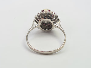 7319- Vintage-Old 18ct White Gold Cultured Pearl 10 Rubies Geometric Set Ring- lovely symmetry