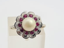 Load image into Gallery viewer, 7319- Vintage-Old 18ct White Gold Cultured Pearl 10 Rubies Geometric Set Ring- lovely symmetry
