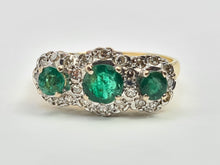 Load image into Gallery viewer, 9011-Vintage (1976) 18ct Gold Vibrant Emeralds Trilogy 24 Brilliant Cut Diamonds- hallmarked in London in 1976
