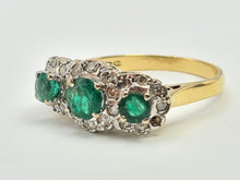 Load image into Gallery viewer, 9011-Vintage (1976) 18ct Gold Vibrant Emeralds Trilogy 24 Brilliant Cut Diamonds- hallmarked in London in 1976
