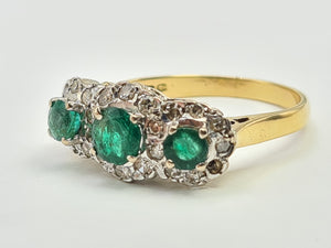 9011-Vintage (1976) 18ct Gold Vibrant Emeralds Trilogy 24 Brilliant Cut Diamonds- hallmarked in London in 1976