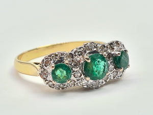 9011-Vintage (1976) 18ct Gold Vibrant Emeralds Trilogy 24 Brilliant Cut Diamonds- hallmarked in London in 1976