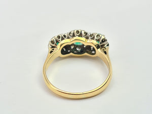 9011-Vintage (1976) 18ct Gold Vibrant Emeralds Trilogy 24 Brilliant Cut Diamonds- hallmarked in London in 1976