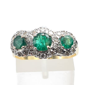 9011-Vintage (1976) 18ct Gold Vibrant Emeralds Trilogy 24 Brilliant Cut Diamonds- hallmarked in London in 1976