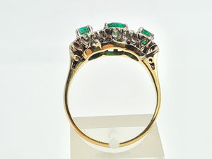 9011-Vintage (1976) 18ct Gold Vibrant Emeralds Trilogy 24 Brilliant Cut Diamonds- hallmarked in London in 1976