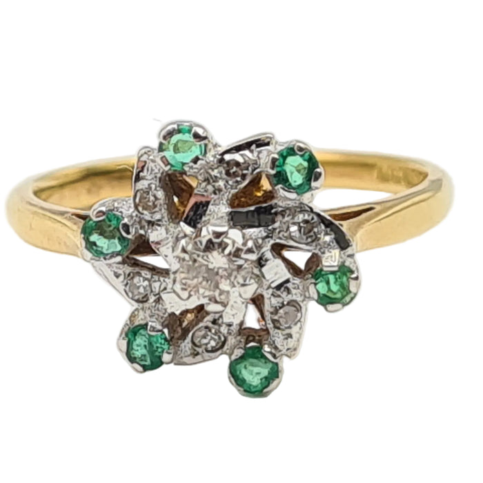 6066 Vintage: 18ct Gold 6 Emeralds 7 Brilliant Cut Diamonds Cluster Ring