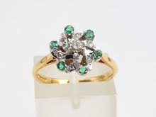 Load image into Gallery viewer, 7346:Vintage: 18ct Gold 6 Emeralds 7 Brilliant Cut Diamonds Cluster Ring- enchanting eye candy
