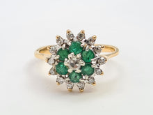 Load image into Gallery viewer, 0131: Vintage: 18ct Gold Emeralds Diamonds Flower Head Ring - sparkling symmetry
