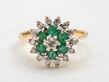 Load image into Gallery viewer, 0131: Vintage: 18ct Gold Emeralds Diamonds Flower Head Ring - sparkling symmetry
