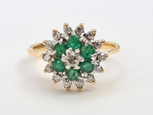 Load image into Gallery viewer, 0131: Vintage: 18ct Gold Emeralds Diamonds Flower Head Ring - sparkling symmetry
