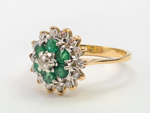 0131: Vintage: 18ct Gold Emeralds Diamonds Flower Head Ring - sparkling symmetry