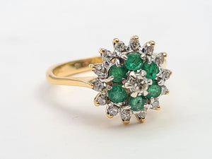 0131: Vintage: 18ct Gold Emeralds Diamonds Flower Head Ring - sparkling symmetry