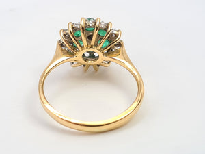 0131: Vintage: 18ct Gold Emeralds Diamonds Flower Head Ring - sparkling symmetry