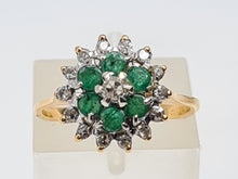 Load image into Gallery viewer, 0131: Vintage: 18ct Gold Emeralds Diamonds Flower Head Ring - sparkling symmetry
