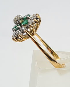 0131: Vintage: 18ct Gold Emeralds Diamonds Flower Head Ring - sparkling symmetry