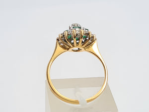 0131: Vintage: 18ct Gold Emeralds Diamonds Flower Head Ring - sparkling symmetry