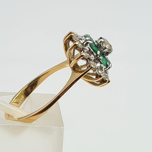 0131: Vintage: 18ct Gold Emeralds Diamonds Flower Head Ring - sparkling symmetry