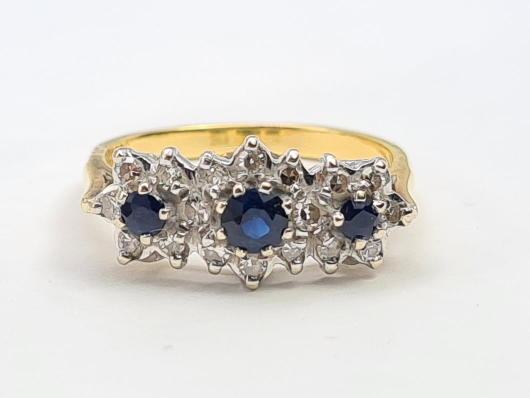 0160: Vintage: 18ct Gold French Blue Sapphires 18 Diamonds Dress Ring