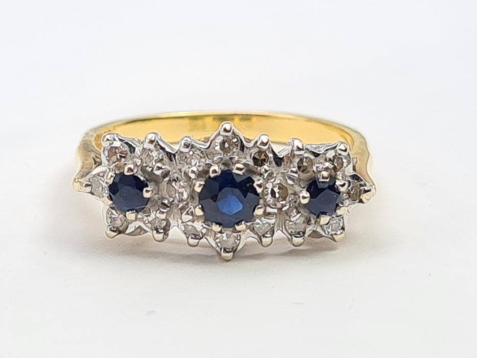 6144 Vintage: 18ct Gold French Blue Sapphires 18 Diamonds Dress Ring