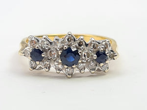 0160: Vintage: 18ct Gold French Blue Sapphires 18 Diamonds Dress Ring