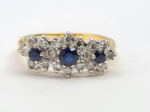 0160: Vintage: 18ct Gold French Blue Sapphires 18 Diamonds Dress Ring