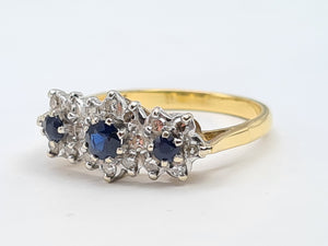 0160: Vintage: 18ct Gold French Blue Sapphires 18 Diamonds Dress Ring