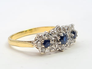 0160: Vintage: 18ct Gold French Blue Sapphires 18 Diamonds Dress Ring