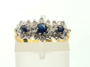 0160: Vintage: 18ct Gold French Blue Sapphires 18 Diamonds Dress Ring