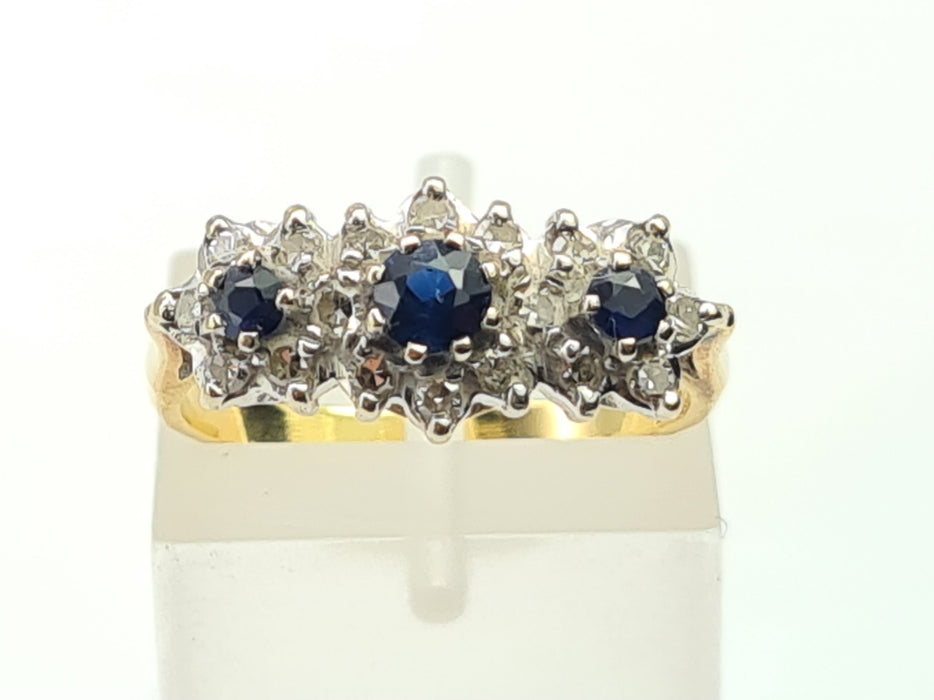 6144 Vintage: 18ct Gold French Blue Sapphires 18 Diamonds Dress Ring