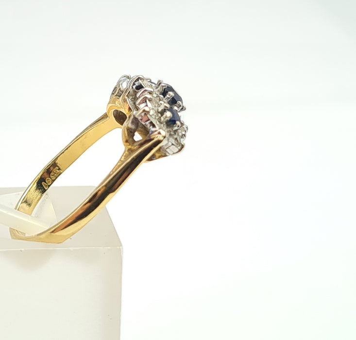 6144 Vintage: 18ct Gold French Blue Sapphires 18 Diamonds Dress Ring