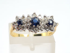 0160: Vintage: 18ct Gold French Blue Sapphires 18 Diamonds Dress Ring