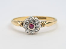 Load image into Gallery viewer, 7365-Antique: 18ct Gold Platinum Set Ruby 8 Diamonds Flower Head Ring- over 100 years old
