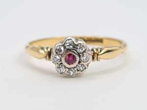 7365-Antique: 18ct Gold Platinum Set Ruby 8 Diamonds Flower Head Ring- over 100 years old