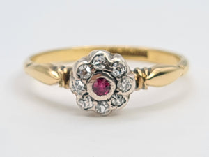 7365-Antique: 18ct Gold Platinum Set Ruby 8 Diamonds Flower Head Ring- over 100 years old