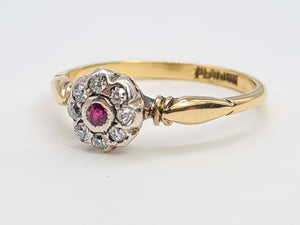 7365-Antique: 18ct Gold Platinum Set Ruby 8 Diamonds Flower Head Ring- over 100 years old