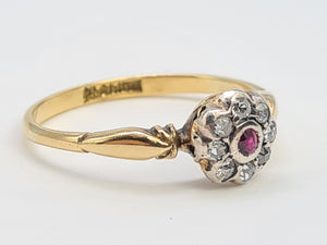 7365-Antique: 18ct Gold Platinum Set Ruby 8 Diamonds Flower Head Ring- over 100 years old