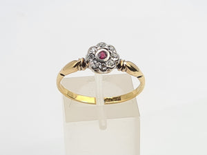 7365-Antique: 18ct Gold Platinum Set Ruby 8 Diamonds Flower Head Ring- over 100 years old