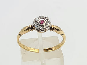 7365-Antique: 18ct Gold Platinum Set Ruby 8 Diamonds Flower Head Ring- over 100 years old