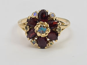 7368-Antique Rare: 14ct Gold Almandine Garnets Water Opals Flowerhead Cluster Ring- outrageous beauty